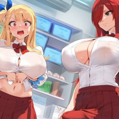 fairy tail, erza scarlet, lucy heartfilia, 1futa, 1girl, 1girls, bangs, blonde hair, blush, breasts, bursting breasts, button gap, cleavage, covered nipples, erection under clothes