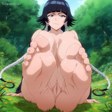 bleach, soifon, sui-feng, nsfwworks.ia, 1boy, 1boy1girl, barefoot, black hair, breasts, cumming, ejaculation, feet, female focus, female only, foot fetish