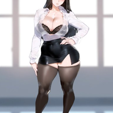 girls und panzer, nishizumi shiho, creamy ai, black footwear, black hair, brown eyes, cleavage, curvy, full body, large breasts, office lady, pencil skirt, thick thighs, wide hips, ai generated