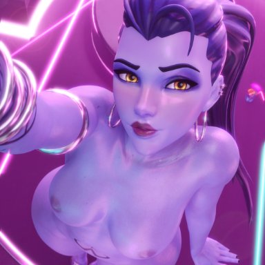 overwatch, widowmaker, nemesis 3d, 1girls, breasts, female, female only, high angle, selfie, shiny skin, tattoo, thick thighs, thighs, top down view, 3d