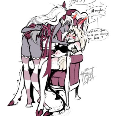 hazbin hotel, vaggie (hazbin hotel), hadysdye, angel, angel girl, biting lip, blonde hair, blush, blushing profusely, bow, bra, chair, cowgirl position, demon, demon girl