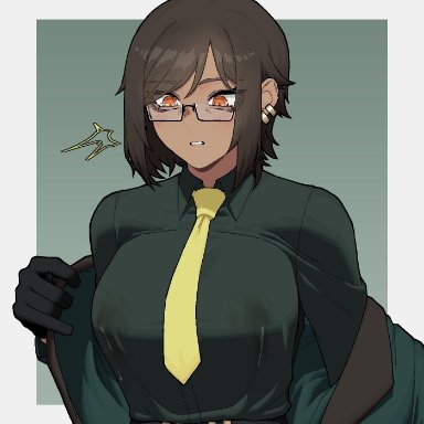 limbus company, project moon, outis (limbus company), k3nnyn3v, 1girls, blush, business suit, dark skin, dark-skinned female, earrings, female, female focus, female only, glasses, lactating