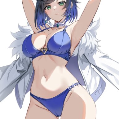 genshin impact, yelan (genshin impact), harimoji, 1girls, armpits, arms up, belly, belly button, black hair, blue underwear, breasts, green eyes, pale skin, short hair, solo