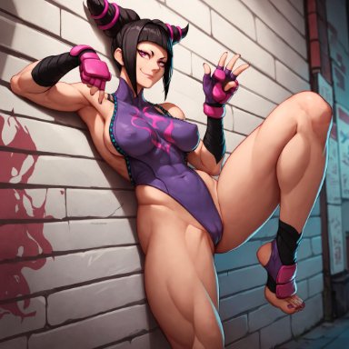 capcom, street fighter, juri han, alex-schura, 1girls, abs, adapted costume, against wall, asymmetrical bangs, barefoot, bent knees, blunt bangs, brown hair, cameltoe, cowboy shot