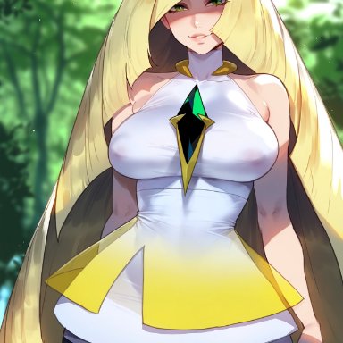 nintendo, pokemon, pokemon sm, lusamine (pokemon), floox, 1girls, alternate breast size, blonde hair, breasts, female, green eyes, huge breasts, light skin, light-skinned female, long hair