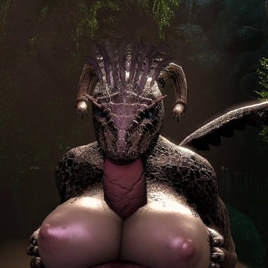 bethesda softworks, the elder scrolls, argonian, dasharky3d, big breasts, blowjob, bouncing breasts, horns, huge cock, male/female, paizufella, paizuri, tail, animated, sound