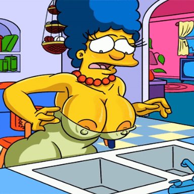 20th century fox, 20th century studios, the simpsons, marge simpson, kogeikun, big ass, big breasts, blue hair, bouncing breasts, breasts, embarrassed, exposed ass, exposed breasts, female, female only