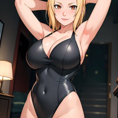 easter, naruto, naruto (series), naruto shippuden, tsunade, temptart, 1girls, adapted costume, armpits, arms behind head, arms up, bare chest, bare shoulders, bare thighs, breasts