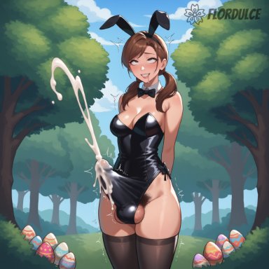 easter, flordulce, ahe gao, balls, brown eyes, brown hair, bunny ears, bunny girl, bunnysuit, clenched teeth, covered penis, cum, cum on clothes, cumming, cumshot