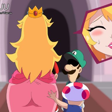 mario (series), luigi, mario, princess peach, toad (mario), wueruu, anal, ass, backsack, cum, cum in ass, 2d, animated, sound, tagme