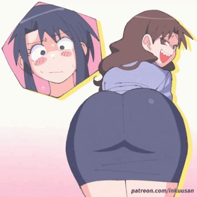 azumanga daiou, nyamo minamo kurosawa, yukari tanizaki, inkuusan, 2girls, ass shake, skirt, teasing, animated