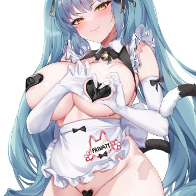 goddess of victory: nikke, privaty (nikke), privaty (unkind maid) (nikke), angry, apron, areola slip, biting own lip, blush, detached collar, embarrassed, gloves, heart, heart gesture, heart pasties, heart sign