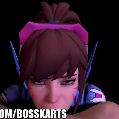 overwatch, overwatch 2, d.va, hana song, bosskarts, 1boy, 1girls, big penis, black background, blowjob, brown eyes, brown hair, clothed, clothed female nude male, clothing