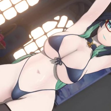 genshin impact, xianyun (genshin impact), laosduude, 1girls, bikini, breasts, female, glasses, green eyes, green hair, hip sway, hips, huge breasts, long hair, mature female