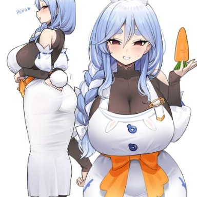 hololive, hololive fantasy, hololive japan, pekomama, nago purin, 1girls, apron, black shirt, blue hair, braid, bunny ears, bunny tail, carrot, cleavage, detached sleeves