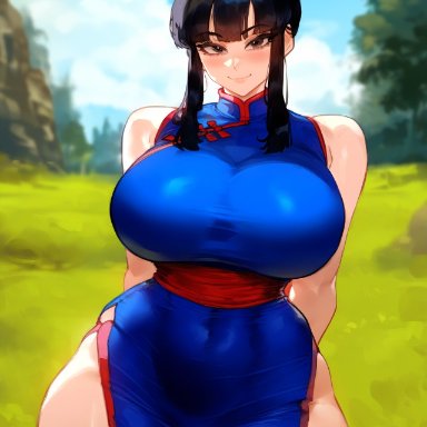 dragon ball, chichi, creamy ai, black eyes, black hair, china dress, curvy, huge breasts, thick thighs, wide hips, ai generated
