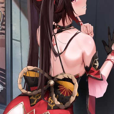 honkai (series), honkai: star rail, sparkle (honkai: star rail), skai kun, 1girls, ass, bare shoulders, blush, breasts, brown hair, from behind, long hair, looking back, pink eyes, smile