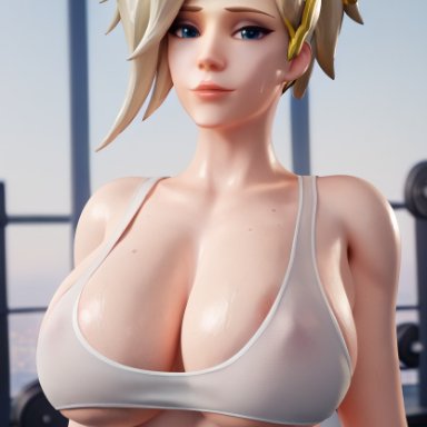 blizzard entertainment, overwatch, overwatch 2, angela ziegler, mercy, galszip, big breasts, blonde hair, blue eyes, cleavage, cleavage cutout, cleavage overflow, gym, gym clothes, hands up