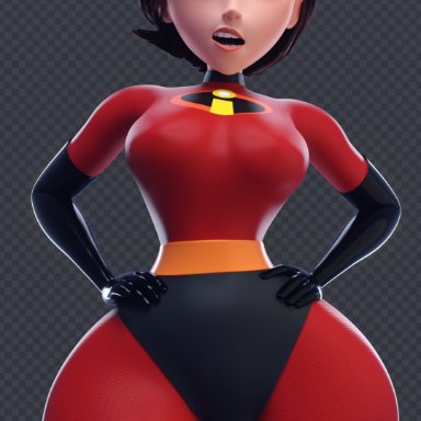 disney, pixar, the incredibles, the incredibles 2, elastigirl, helen parr, smitty34, 1girls, angry, brown hair, hand on hip, looking at viewer, looking down, mature female, milf
