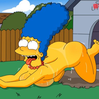 the simpsons, marge simpson, gkg, 1girls, ahe gao, all fours, ass, blue hair, bodily fluids, breast squish, dog girl, doggystyle position, doghouse, female, female only