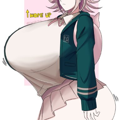 danganronpa, danganronpa 2: goodbye despair, nanami chiaki, emmarrgus, 1girls, absolute territory, alternate breast size, ass expansion, backpack, breast expansion, button down shirt, emotionless, fully clothed, gamer girl, growth