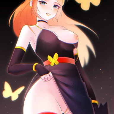 brawl stars, mariposa piper (brawl stars), piper (brawl stars), blue eyes, breasts out, evergreen (artist), looking at viewer, orange hair, pussy, skirt lift