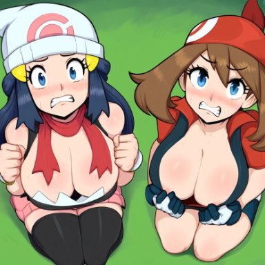 pokemon, pokemon dppt, pokemon rse, dawn (pokemon), may (pokemon), 2girls, defeat, defeated, large breasts, looking at viewer, pov, scared, thick thighs, torn clothes, torn clothing