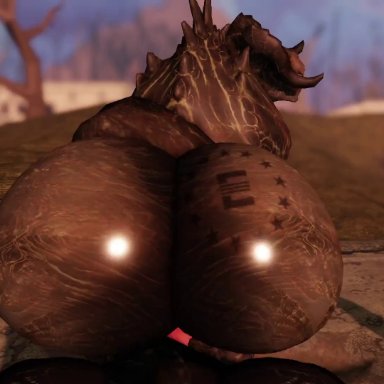 bethesda softworks, fallout, deathclaw, willie piv, anal sex, anthro, ass, back view, backsack, bouncing butt, faceless male, from behind, gay, glistening body, horns