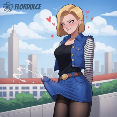 dragon ball z, android 18, flordulce, belt, biting lip, black pantyhose, black shirt, blonde hair, blue eyes, blue skirt, city, cityscape, covered penis, cum, cumming