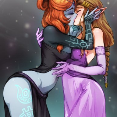 nintendo, the legend of zelda, midna, princess zelda, twili midna, zelda (twilight princess), minacream, brown hair, dress, elbow gloves, eyes closed, kiss, orange hair, pointy ears, single braid