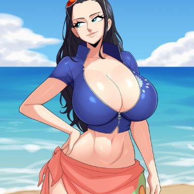 one piece, nico robin, parvad, 1girls, beach, big breasts, black hair, blue eyes, blue topwear, breasts, cleavage, female, female only, hand on hip, large breasts