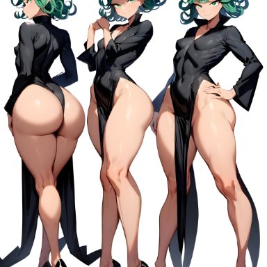 one-punch man, tatsumaki, 1girls, ass, belly, belly button, big ass, big butt, black clothing, black dress, closed mouth, clothed, clothing, curly hair, eyelashes