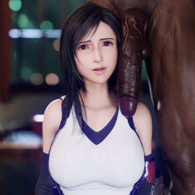 final fantasy, final fantasy vii, final fantasy vii remake, tifa lockhart, derpderp, big penis, cock worship, dark-skinned male, penis awe, penis on shoulder, red eyes, 3d