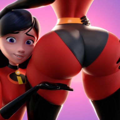 the incredibles, elastigirl, helen parr, violet parr, smitty34, black hair, hand around waist, hand on butt, milf, mother and daughter, presenting, presenting ass, presenting hindquarters, skin tight, skindentation