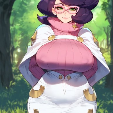 nintendo, pokemon, pokemon sm, wicke (pokemon), floox, 1girls, breasts, female, glasses, green eyes, hips, huge breasts, light skin, light-skinned female, long hair