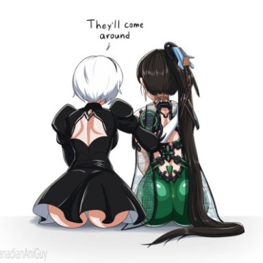 nier (series), stellar blade, eve (stellar blade), yorha 2b, canadiananiguy, 2girls, ass, back, back cutout, black dress, black hair, bodysuit, clothing cutout, dress, drop earrings