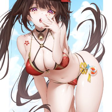 honkai: star rail, sparkle (honkai: star rail), 1girls, alternate breast size, beach, bell collar, bikini, climbing on, decoration, huge breasts, looking down, nail polish, naughty face, on rock, painted nails