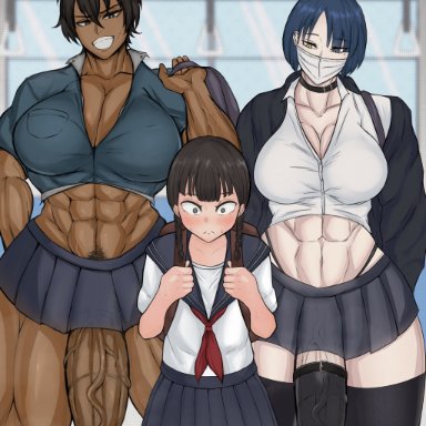 soutoku, 1girls, 2futas, abs, cleavage, clothing, cock sock, dark-skinned futanari, fully clothed, futanari, happy trail, huge breasts, human, imminent sex, light-skinned female