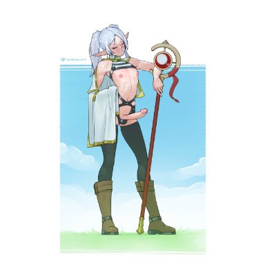 sousou no frieren, frieren, tailbox, 1boy, breasts, clothed, clothing, elf, elf ears, elf male, erect penis, erection, femboy, flat chest, huge cock