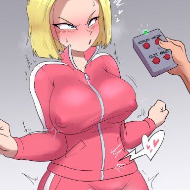 dragon ball, dragon ball super, dragon ball z, android 18, lech lewds, 1girls, big breasts, blonde hair, blue eyes, blush, blushing, bodily fluids, erect nipples, female, female only