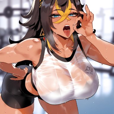 genshin impact, dehya (genshin impact), 1girls, black hair, blowjob gesture, blue eyes, breasts, curvy, dark skin, dark-skinned female, fit female, gym, gym clothes, large breasts, open mouth