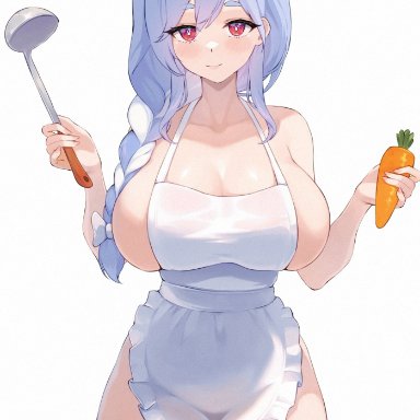 hololive, pekomama, nutsbutty, 1girls, apron, apron only, breasts, bunny ears, female, female only, large breasts, looking at viewer, mature female, milf, solo