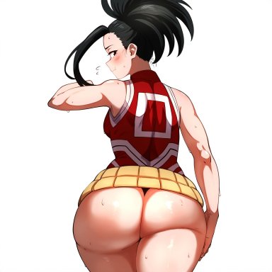 my hero academia, momo yaoyorozu, 1girls, ass, bare shoulders, belt, big ass, big butt, black eyes, black hair, blush, bubble butt, curvaceous teen, dat ass, dumptruck ass