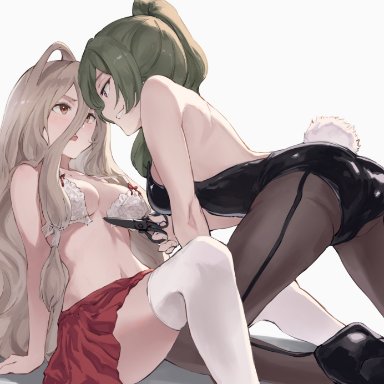 sousou no frieren, sense (sousou no frieren), ubel (sousou no frieren), jojobirdz, 2girls, all fours, alternate costume, ass, backless leotard, black footwear, black leotard, black pantyhose, bra, breasts, brown eyes