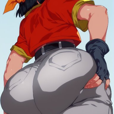 dragon ball, dragon ball gt, dragon ball z, pan (dragon ball), ass grab, back view, bandana, big ass, black eyes, black hair, jeans, pawg, solo, ai generated, low-angle view