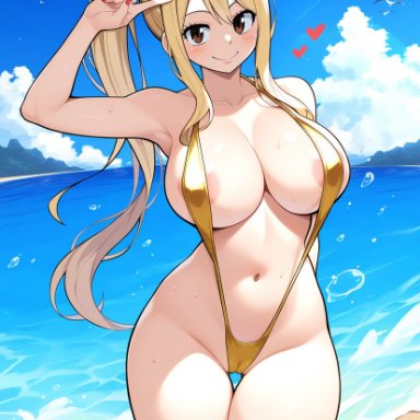 fairy tail, lucy heartfilia, lady ai, 1girls, areola slip, bare arms, bare legs, bare shoulders, bare thighs, big breasts, blonde hair, brown hair, female, female focus, female only