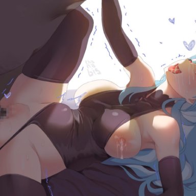 hololive, hololive fantasy, hololive japan, pekomama, thanabis, 1boy, animal ears, black bodysuit, black thighhighs, blue hair, blush, bodysuit, breasts, breasts out, clothed sex