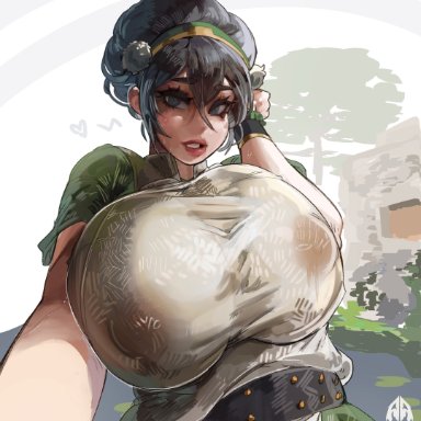 avatar the last airbender, toph bei fong, alamanderarts, 1girls, areolae, areolae visible through clothing, big breasts, black hair, blind, breasts, busty, clothing, female, female only, huge breasts