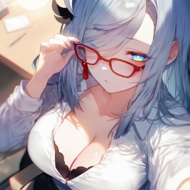 genshin impact, shenhe (genshin impact), diffirresponsibly, 1girls, bra, breasts, cleavage, female, female only, glasses, large breasts, looking at viewer, office clothing, office lady, skirt