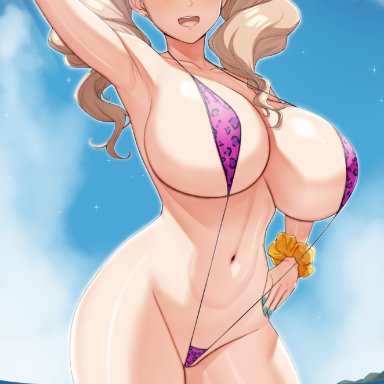 atlus, persona, persona 5, ann takamaki, handplug, 1girls, beach, blonde hair, blue eyes, breasts, exhibitionism, female, huge breasts, light skin, light-skinned female